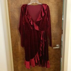 Velvet wine colored ruffle hem wrap dress